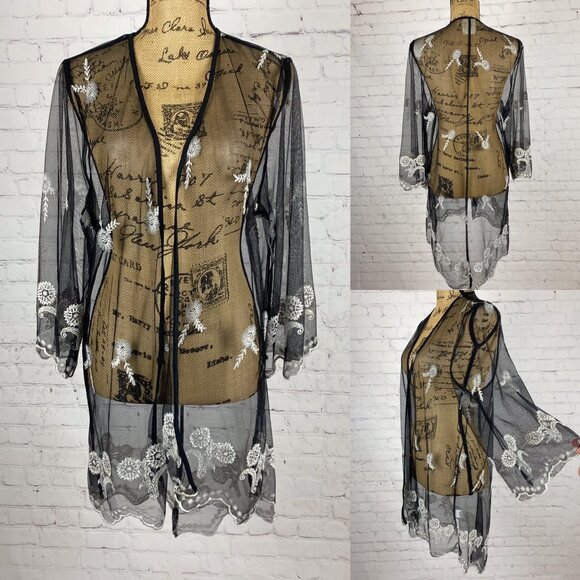 Haute Project Black Sheer Embroidered High Lo Open Front Kimono - Picture 1 of 1